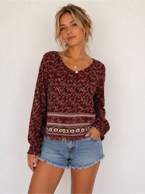Lucky Brand Burgundy Floral Boho Blouse Size M Long Sleeve Top